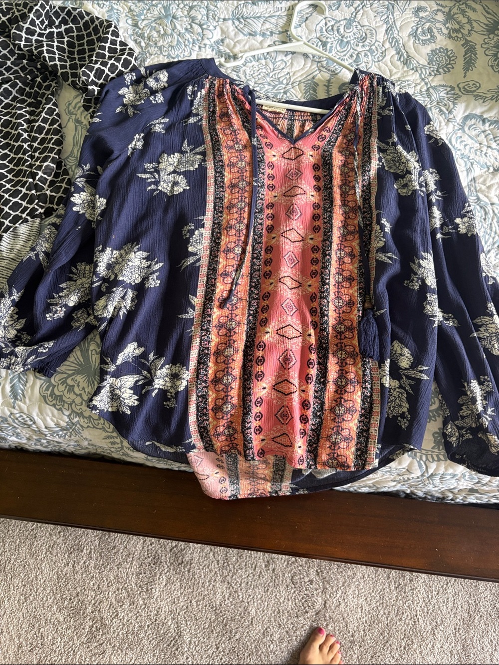 Navy Floral Blouse with Pink Boho Front Panel